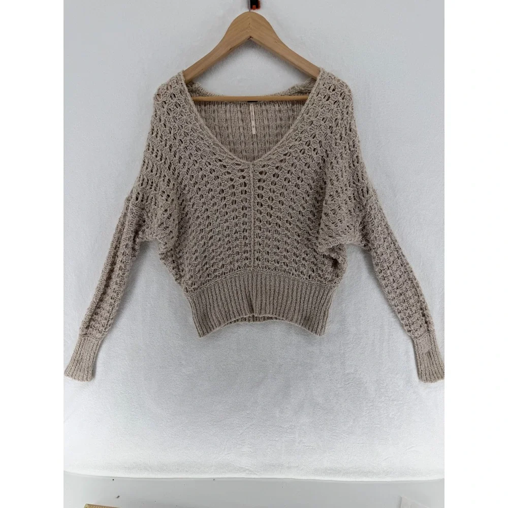 Free People Tan Open Knit V-Neck Batwing Sweater Beige XS